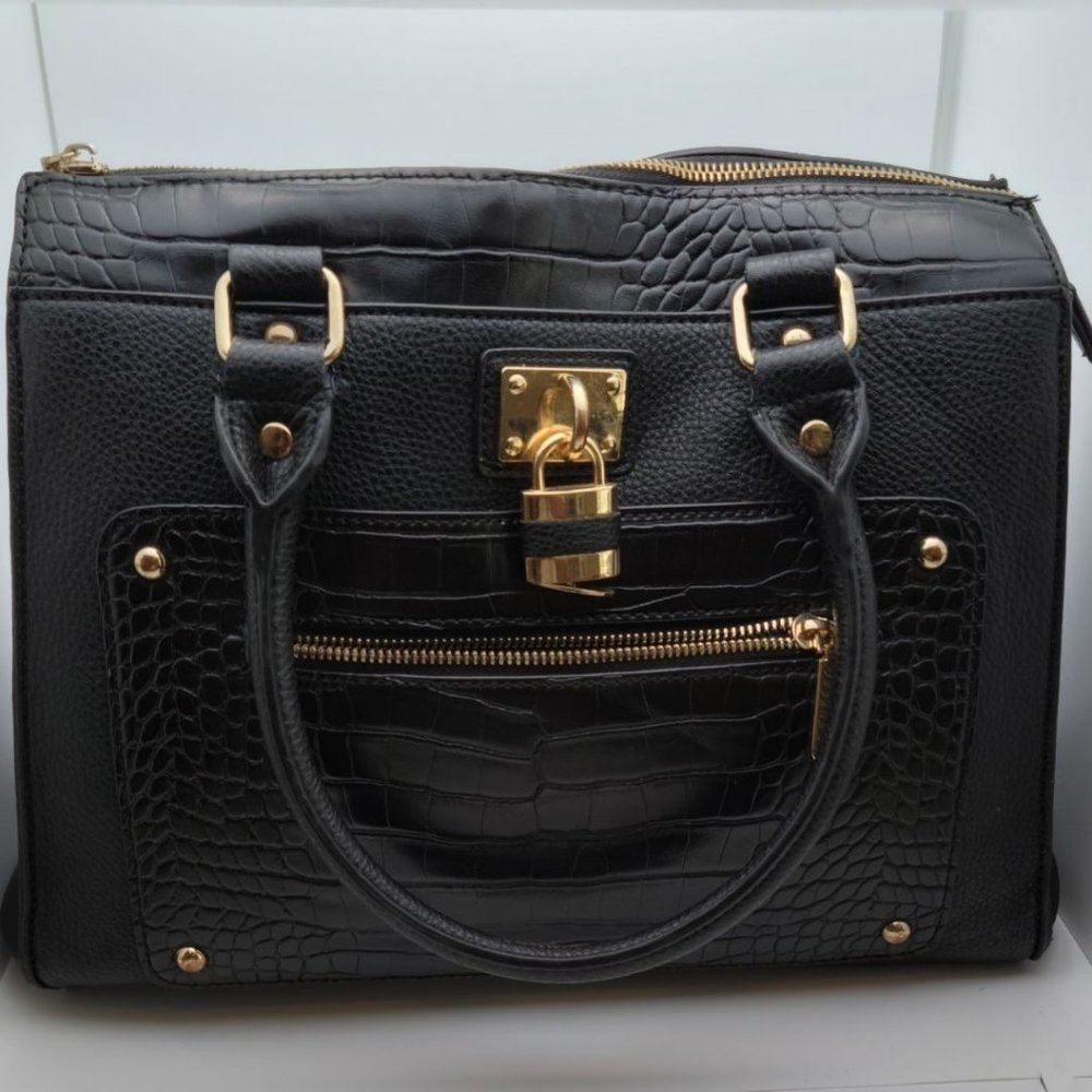Charming Charlie Double Handle Croc Embossed Hand Bag Black